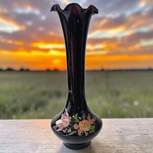 Vintage Black Amethyst Glass Bud Vase Floral Ruffled Fluted Top Edge Victorian